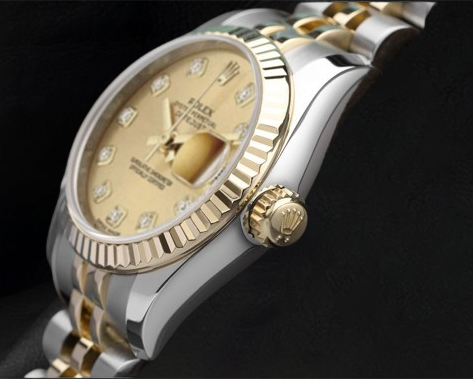 Montre Rolex Datejust Champagne avec cadran diamant et fermoir caché à réglage rapide 26 mm bicolore