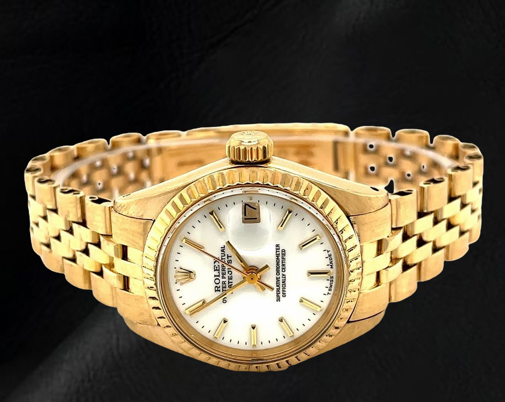 Montre Rolex Datejust President Style pour femme en or jaune avec cadran blanc