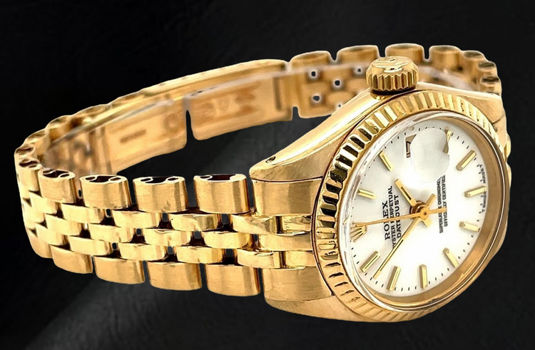 Montre Rolex Datejust President Style pour femme en or jaune avec cadran blanc