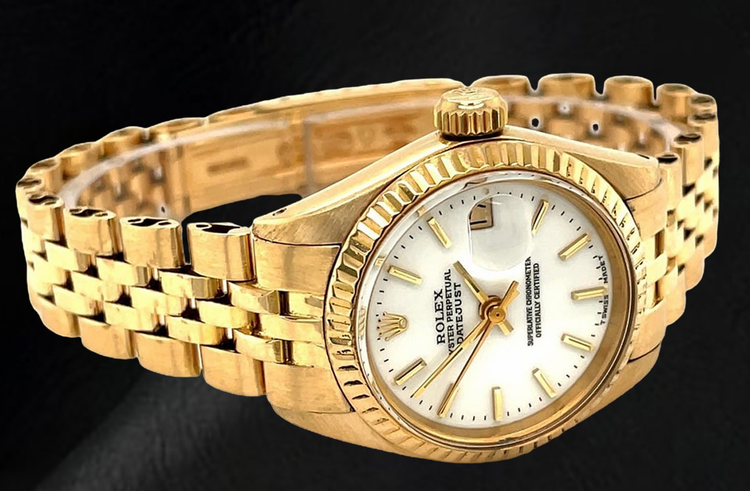 Montre Rolex Datejust President Style pour femme en or jaune avec cadran blanc