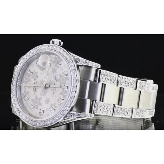 Montre Rolex Datejust acier inoxydable à cadran floral recouvert de diamants personnalisés de 7 ct