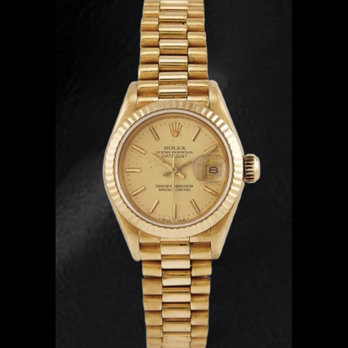 Montre Rolex Datejust style présidentiel 26 mm pour femme avec cadran champagne et or jaune