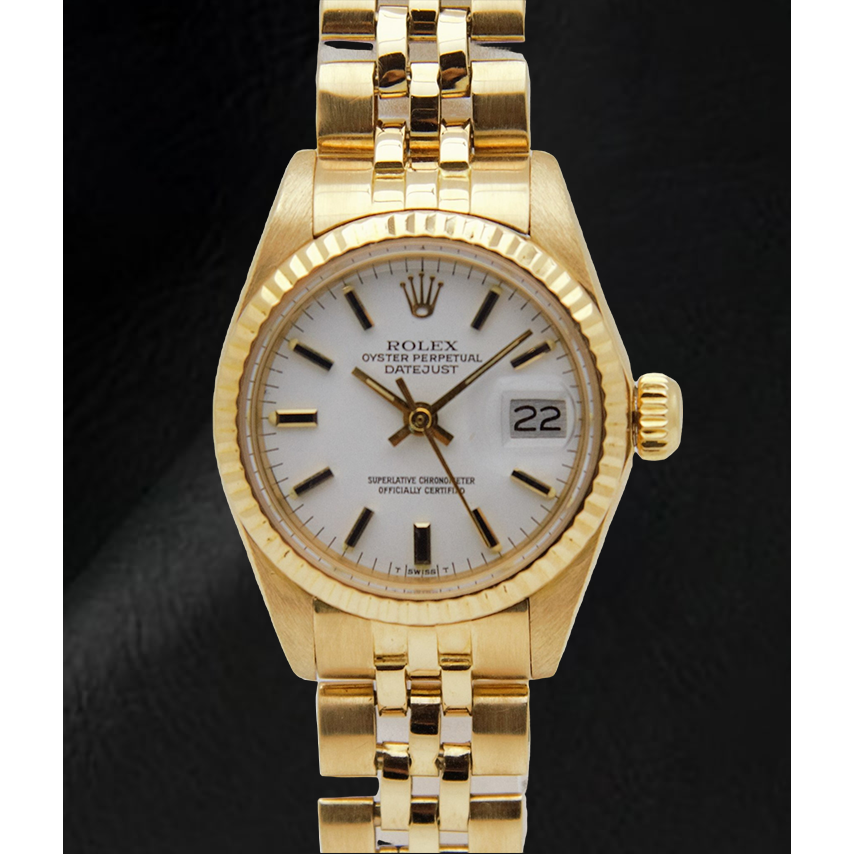 Montre Rolex Lady-Datejust avec cadran blanc et bracelet style président en or jaune