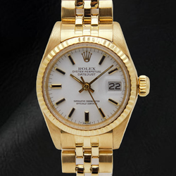 Montre Rolex Lady-Datejust avec cadran blanc et bracelet style président en or jaune