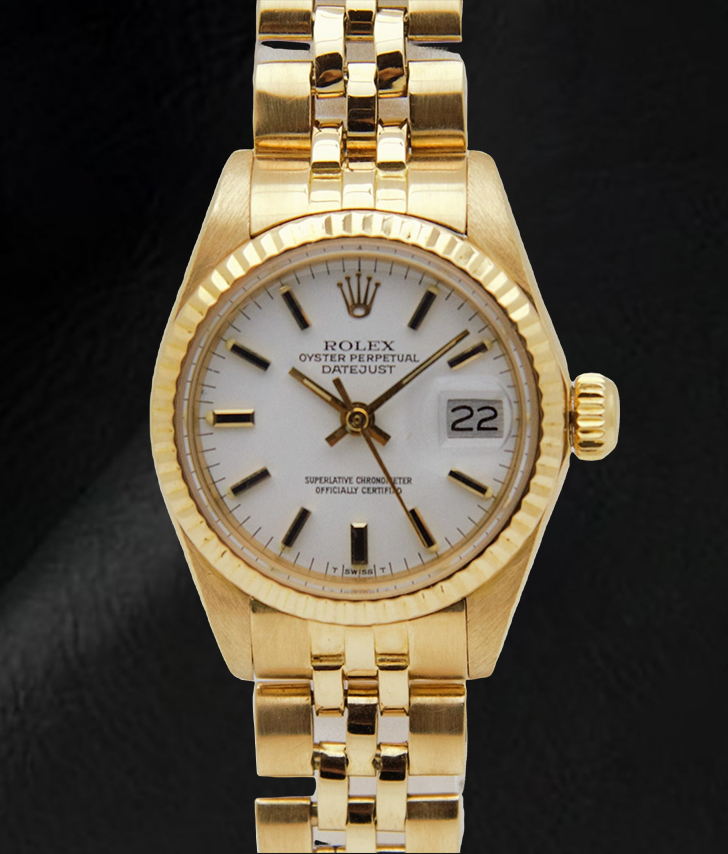 Montre Rolex Lady-Datejust avec cadran blanc et bracelet style président en or jaune