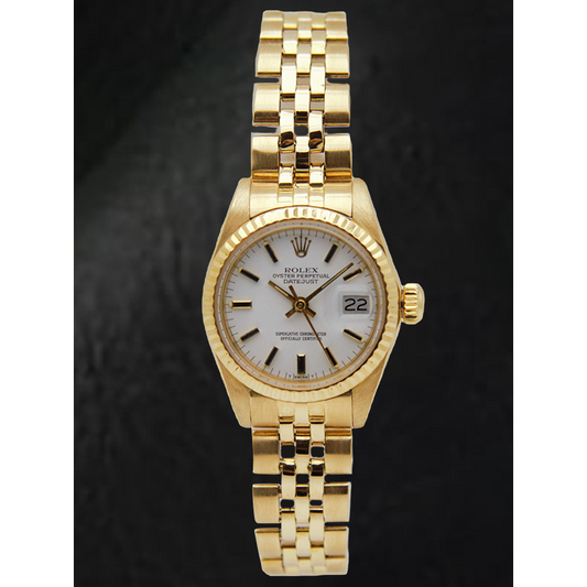 Montre Rolex Lady-Datejust avec cadran blanc et bracelet style président en or jaune