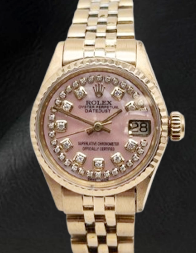 Montre Rolex Lady Datejust en or jaune avec cadran en diamant et chaîne en nacre rose