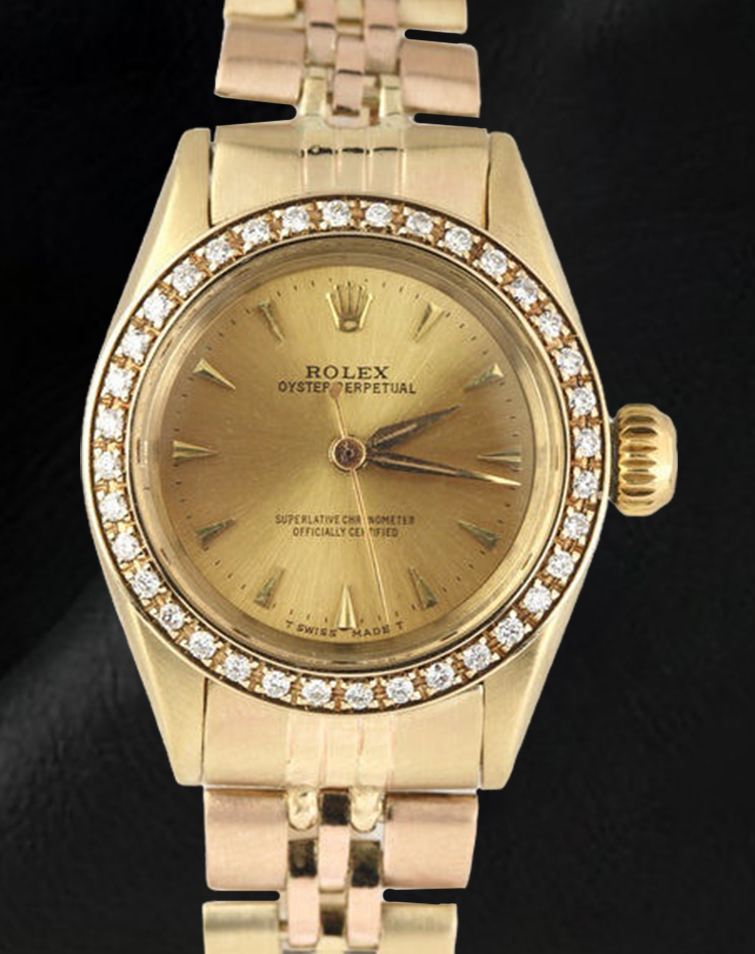 Montre Rolex Oyster Perpetual pour femme avec lunette en diamant et or jaune