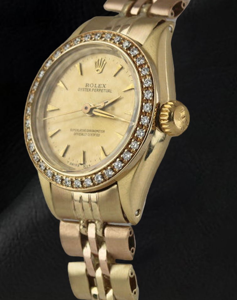 Montre Rolex Oyster Perpetual pour femme avec lunette en diamant et or jaune