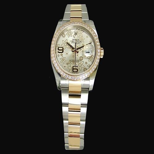 Montre Rolex de taille moyenne avec lunette en diamant pour dames, cadran fleuri avec lunette d'usine