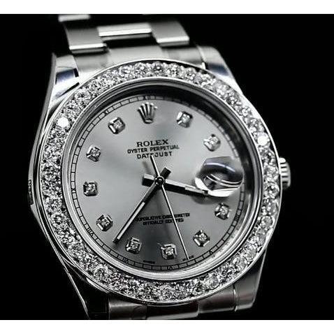 Montre Rolex en acier inoxydable avec lunette en diamant et cadran en diamant argenté Ii