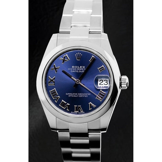 Montre Dame-Datejust Rolex en acier inoxydable à cadran romain bleu