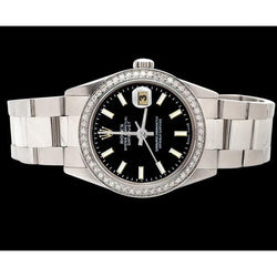 Montre Datejust avec lunette en diamant, cadran bâton noir acier inoxydable huître Rolex, réglage rapide