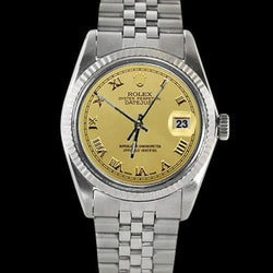 Montre Datejust homme lunette cannelée acier inoxydable champagne cadran romain Rolex réglage rapide
