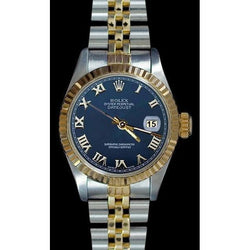 Montre Femme Datejust à Lunette Cannelée Bicolore Cadran Romain Bleu Rolex