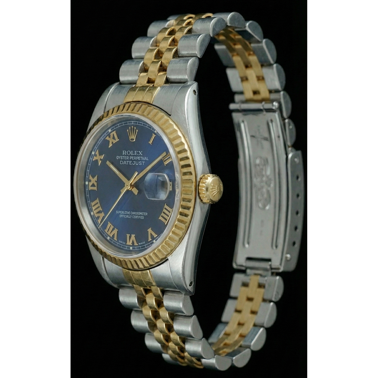 Montre Femme Datejust à Lunette Cannelée Bicolore Cadran Romain Bleu Rolex