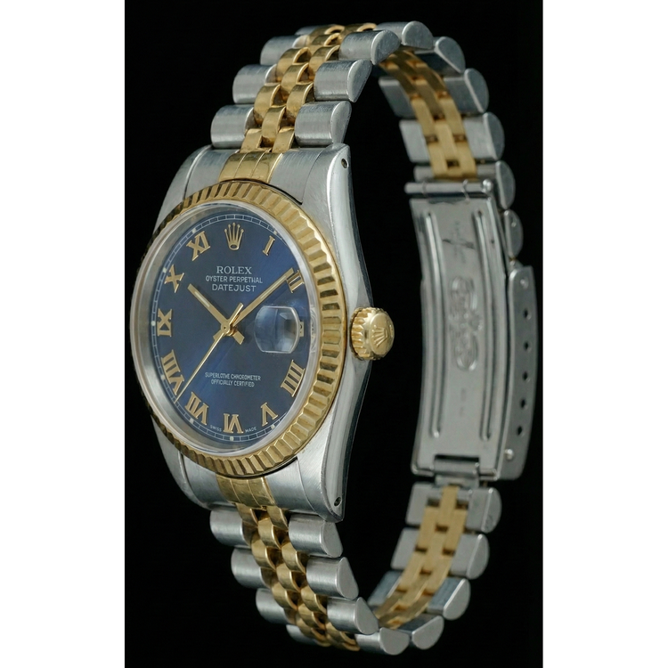 Montre Femme Datejust à Lunette Cannelée Bicolore Cadran Romain Bleu Rolex