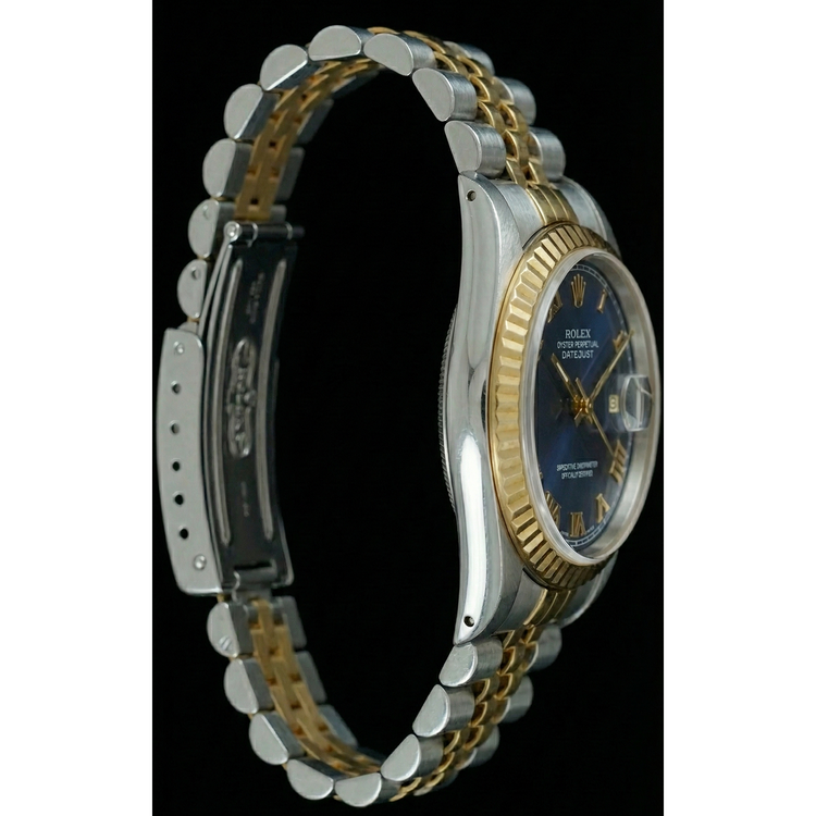 Montre Femme Datejust à Lunette Cannelée Bicolore Cadran Romain Bleu Rolex