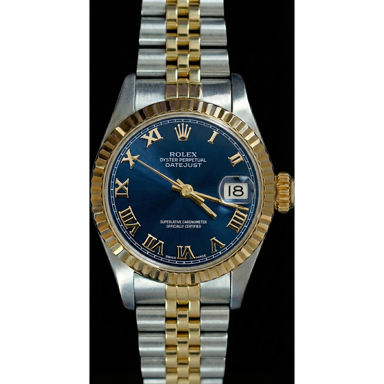 Montre Femme Datejust à Lunette Cannelée Bicolore Cadran Romain Bleu Rolex