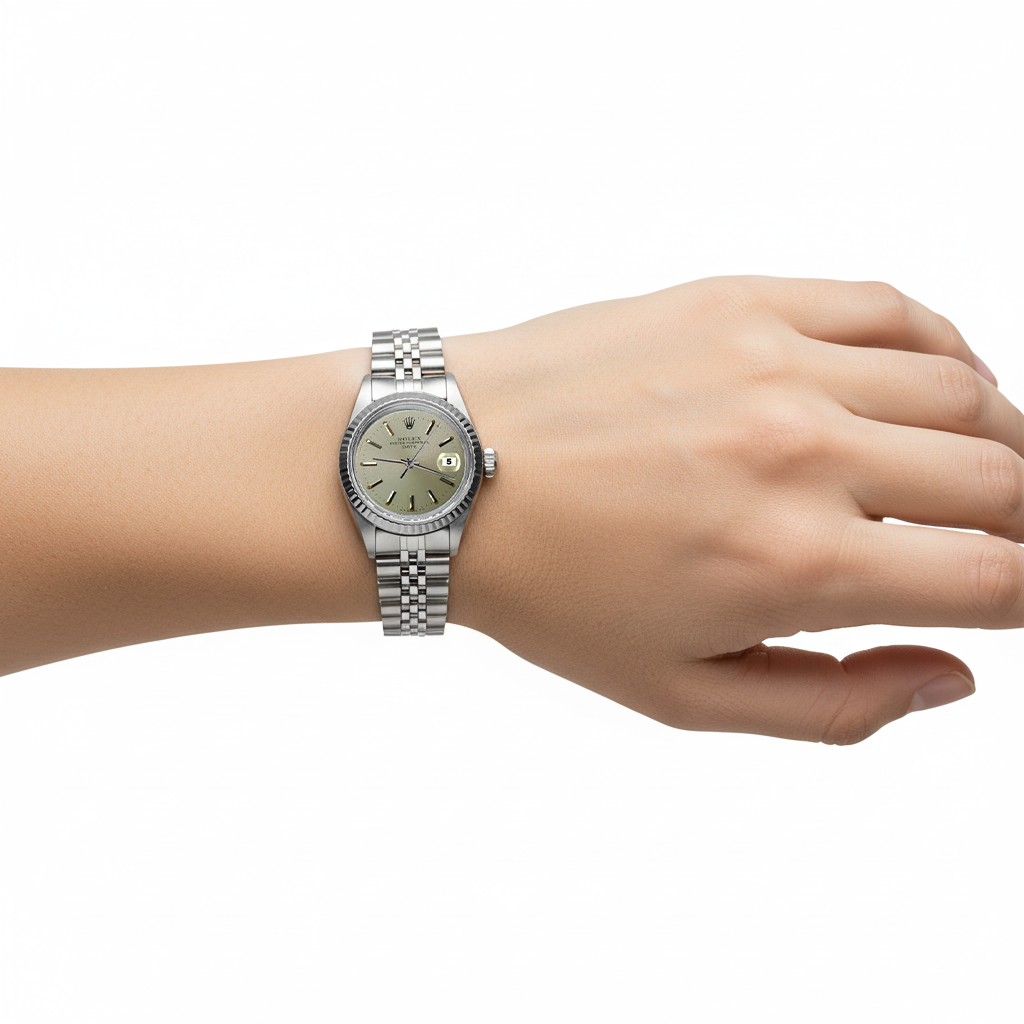 Montre Jubiläum Datum en acier inoxydable, cadran bâton gris, lunette cannelée P2