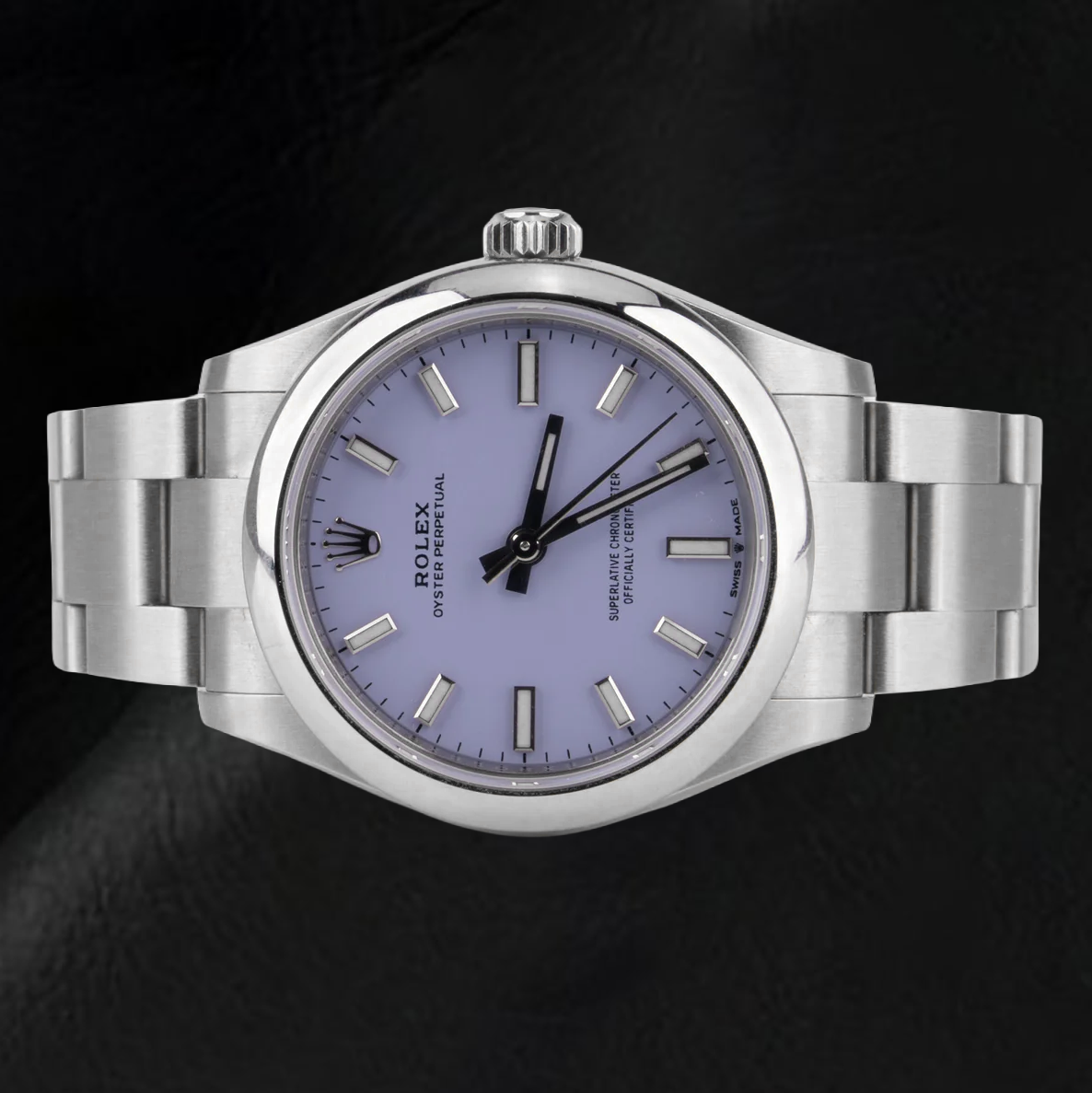 Montre Rolex 36 mm en acier inoxydable avec cadran lumineux lavande