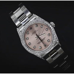Montre Rolex à Cadran Rose Lunette En Diamant Personnalisée Taille Moyenne 31 mm Sans date acier inoxydable