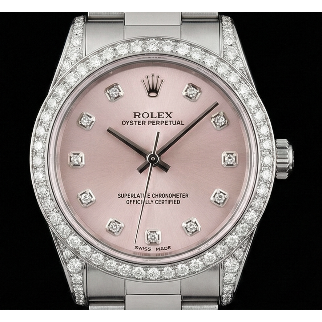 Montre Rolex à Cadran Rose Lunette En Diamant Personnalisée Taille Moyenne 31 mm Sans date acier inoxydable