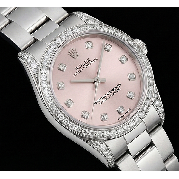 Montre Rolex à Cadran Rose Lunette En Diamant Personnalisée Taille Moyenne 31 mm Sans date acier inoxydable