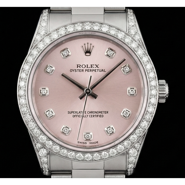 Montre Rolex à Cadran Rose Lunette En Diamant Personnalisée Taille Moyenne 31 mm Sans date acier inoxydable