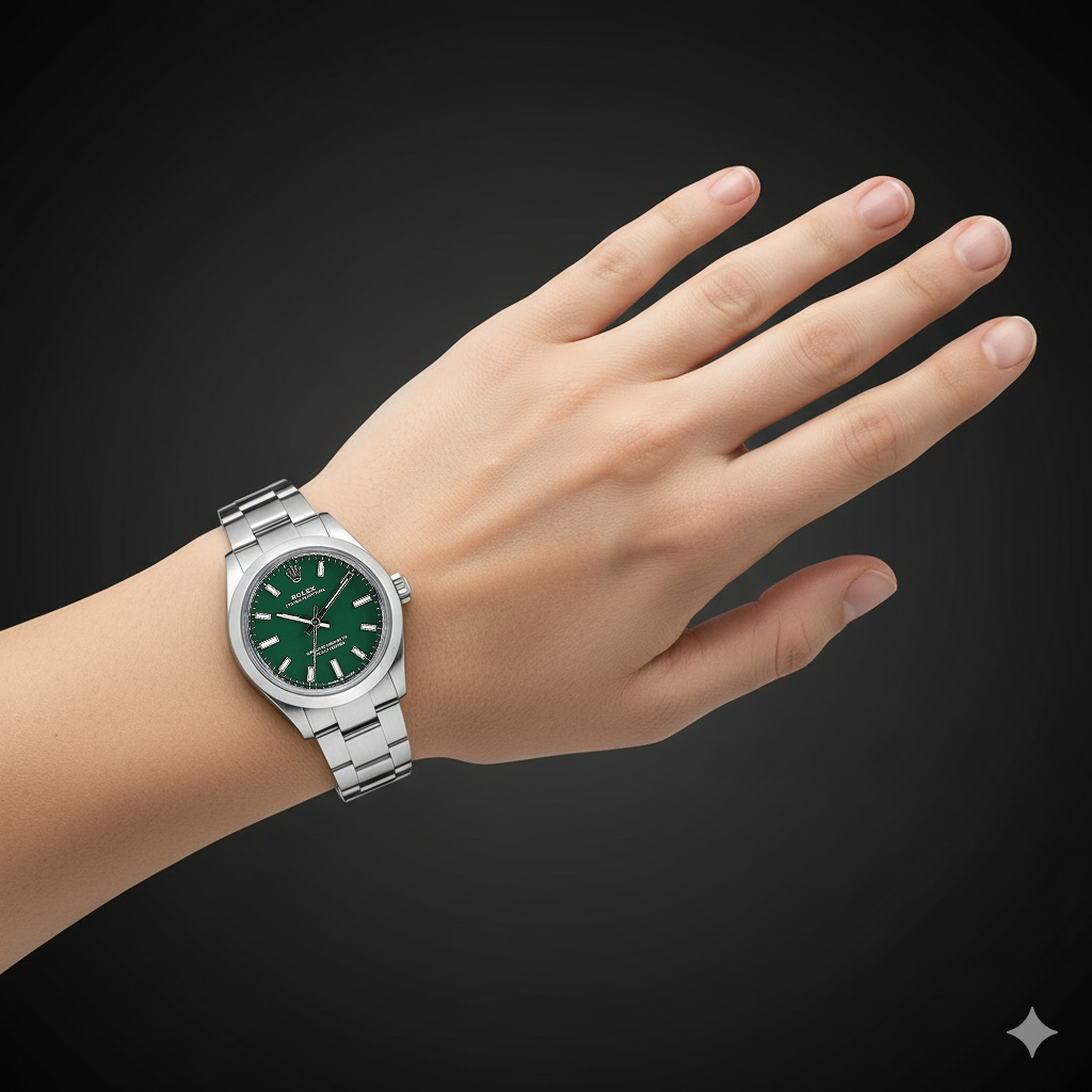 Montre Rolex Dame huître Perpétuelle 31 mm en acier à cadran lumineux vert P4