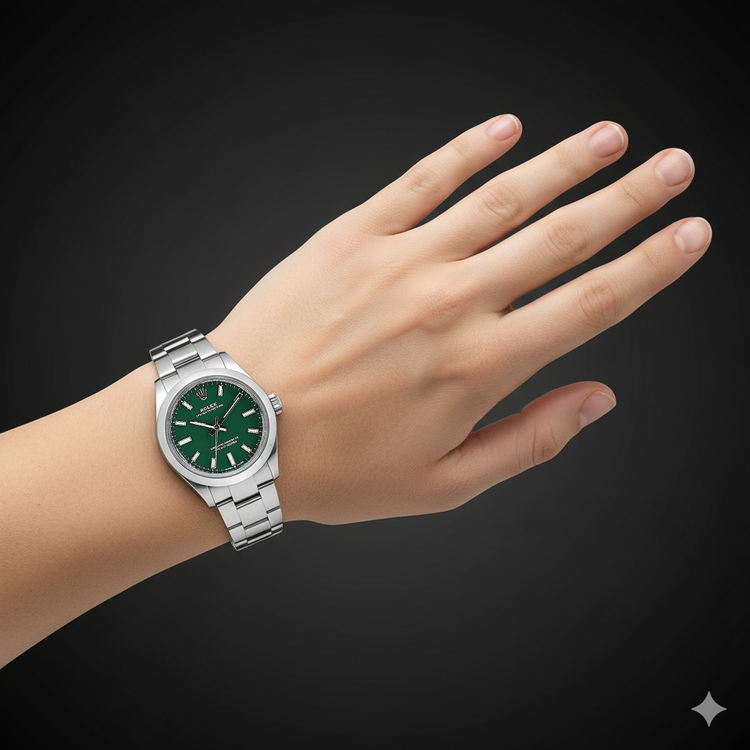Montre Rolex Dame huître Perpétuelle 31 mm en acier à cadran lumineux vert P4