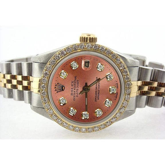 Montre Rolex Date-Just pour femme avec cadran saumon et lunette diamantée