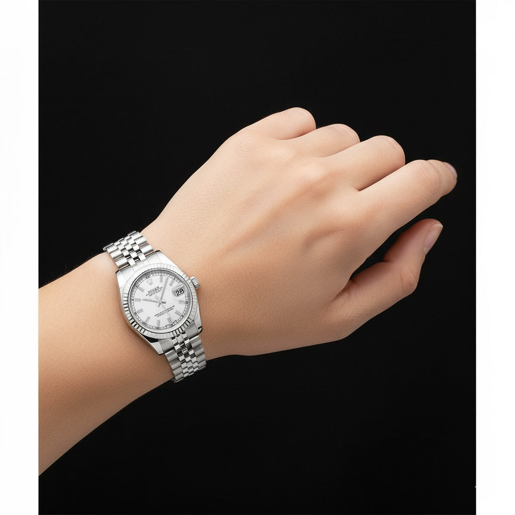 Montre Rolex Date-just 31 mm en or blanc avec lunette cannelée P3