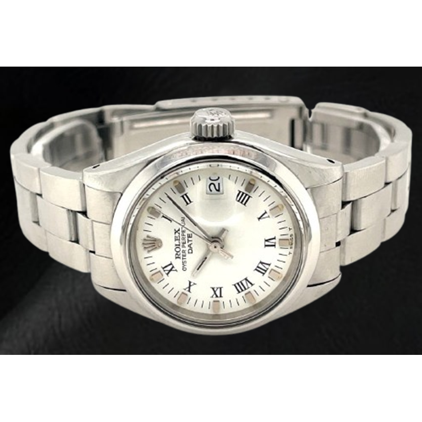 Montre Rolex Date 26 mm pour femme avec cadran blanc romain Oyster en acier inoxydable