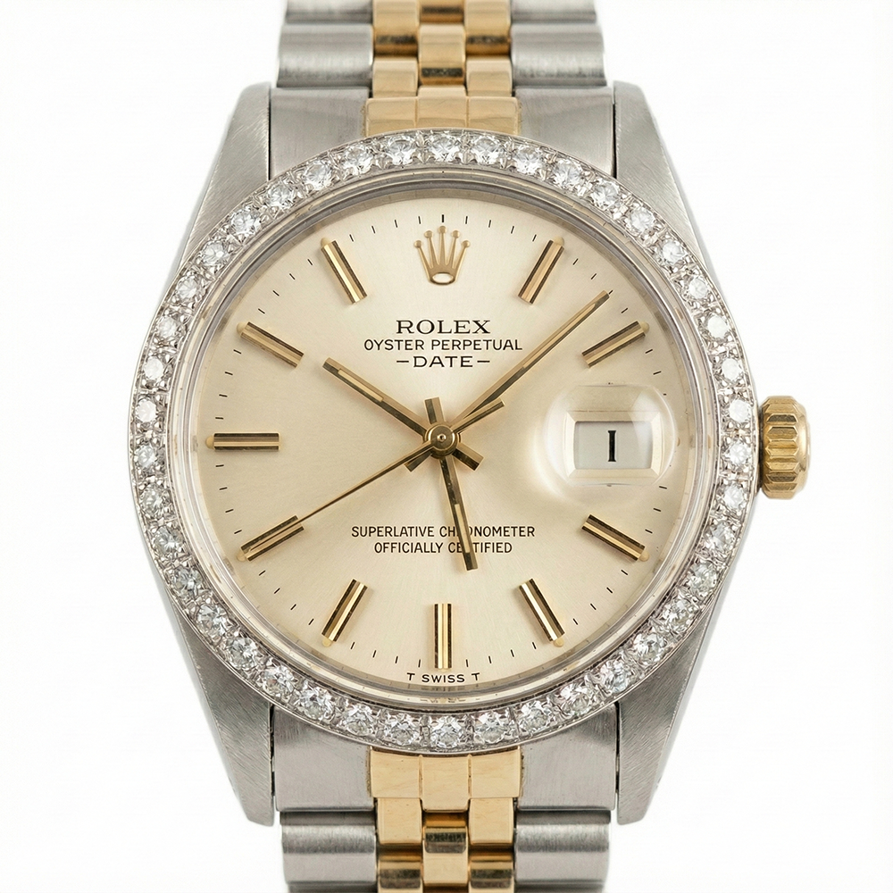 Montre Rolex Date Cadran Bâton Argent Lunette Diamant acier inoxydable & Jubilé D'or