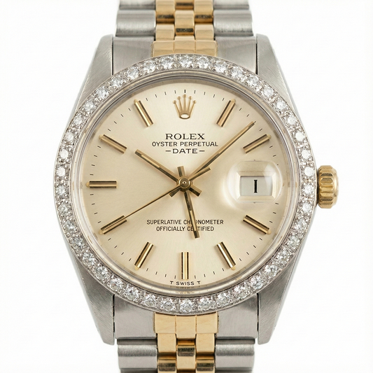 Montre Rolex Date Cadran Bâton Argent Lunette Diamant acier inoxydable & Jubilé D'or