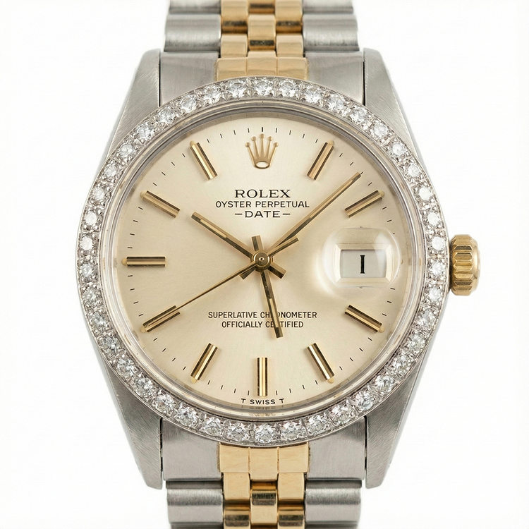 Montre Rolex Date Cadran Bâton Argent Lunette Diamant acier inoxydable & Jubilé D'or