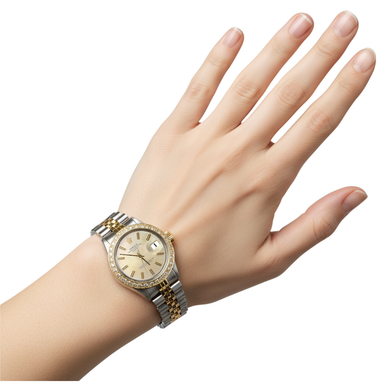 Montre Rolex Date Cadran Bâton Argent Lunette Diamant acier inoxydable & Jubilé D'or