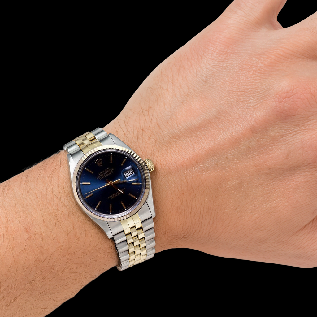 Montre Rolex Date Just à deux tons, cadran bleu, Oyster, jubilé perpétuel, réglage rapide