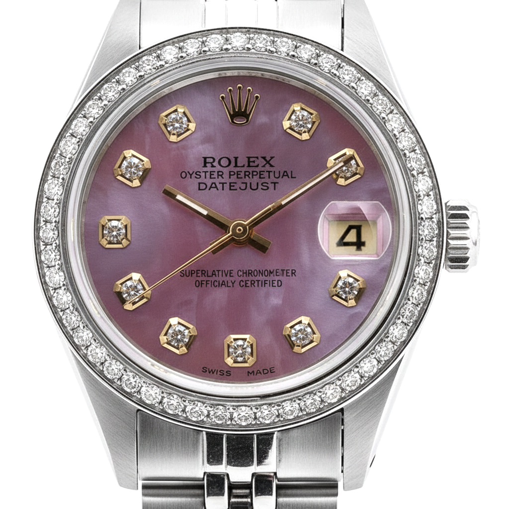 Montre Rolex Date Just perpétuelle avec cadran bordeaux et lunette en acier inoxydable Jubilee pour femme