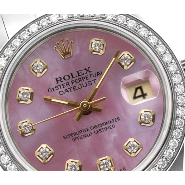 Montre Rolex Date Just perpétuelle avec cadran bordeaux et lunette en acier inoxydable Jubilee pour femme
