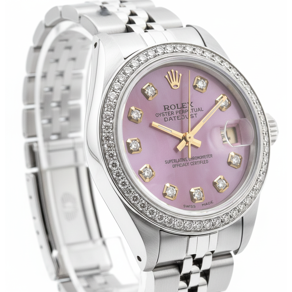Montre Rolex Date Just perpétuelle avec cadran bordeaux et lunette en acier inoxydable Jubilee pour femme