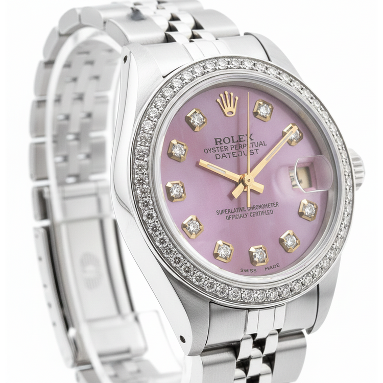 Montre Rolex Date Just perpétuelle avec cadran bordeaux et lunette en acier inoxydable Jubilee pour femme