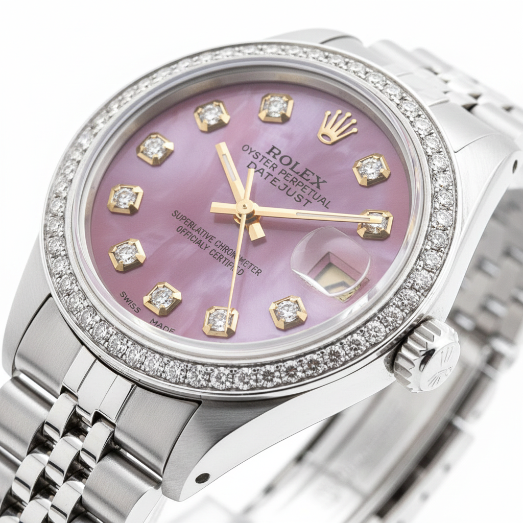 Montre Rolex Date Just perpétuelle avec cadran bordeaux et lunette en acier inoxydable Jubilee pour femme