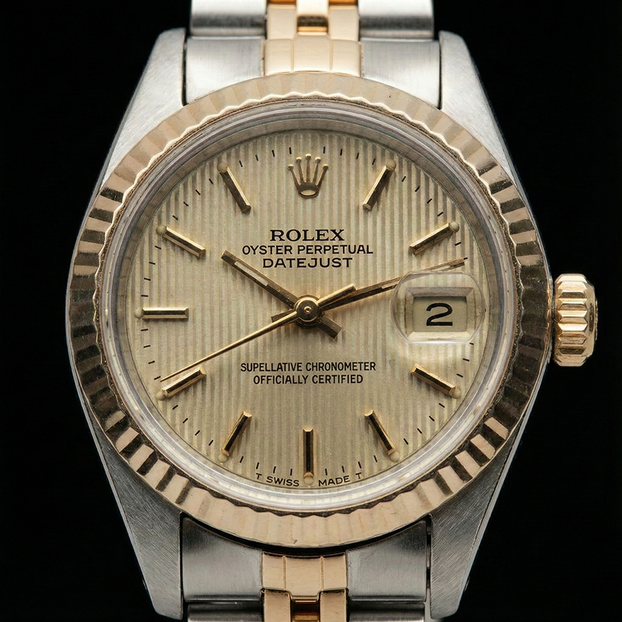 Montre Rolex Date Just pour femme avec cadran bicolore et bracelet jubilé