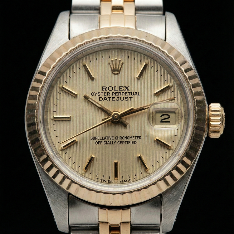 Montre Rolex Date Just pour femme avec cadran bicolore et bracelet jubilé