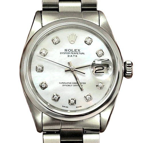 Montre Rolex Date en acier inoxydable avec cadran en nacre blanche et diamants
