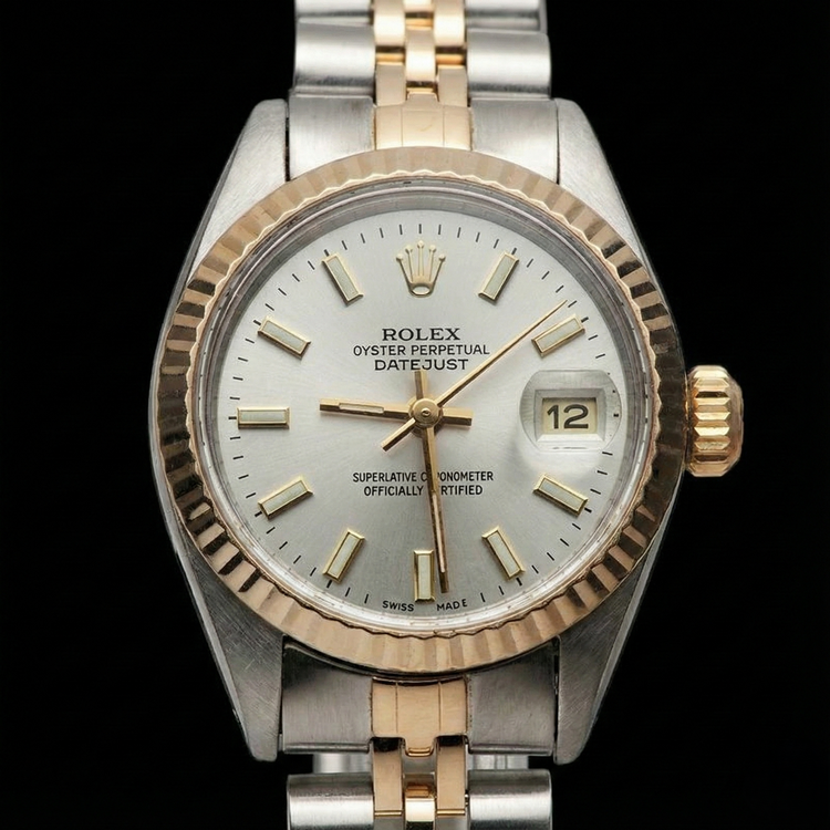Montre Rolex Date just blanche Datejust pour femme, jubilé en or jaune et acier inoxydable