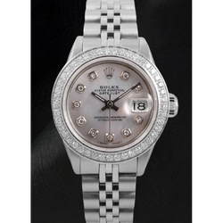 Montre Rolex Datejust 26 mm avec cadran en nacre blanche et lunette en diamant en acier inoxydable