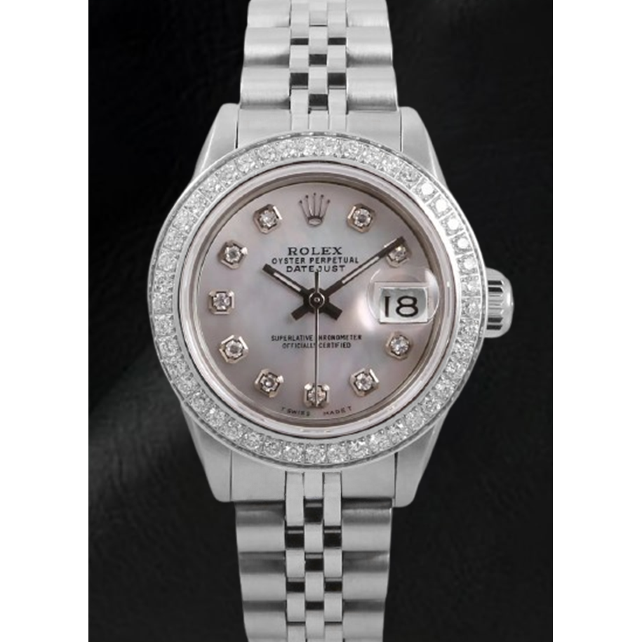 Montre Rolex Datejust 26 mm avec cadran en nacre blanche et lunette en diamant en acier inoxydable